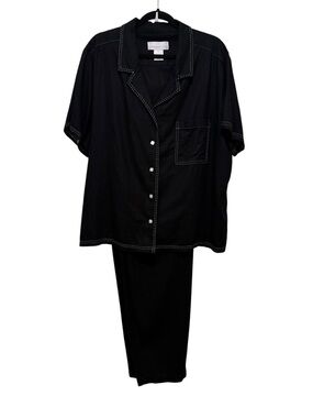 Susan Graver Linen Black Shirt and‎ pants Set with White Stitching